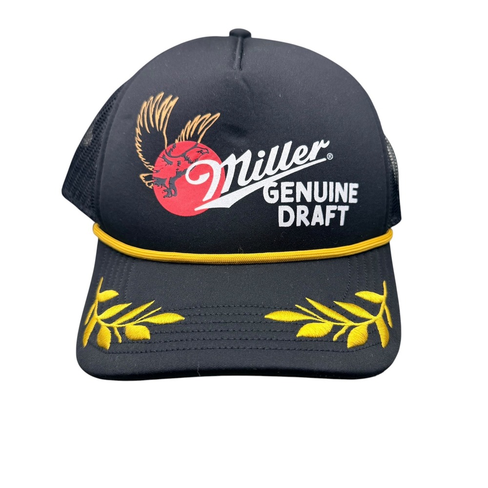 Miller Genuine Draft Trucker Hat Black Mesh Snapback Eagle Logo Laurel Leaves